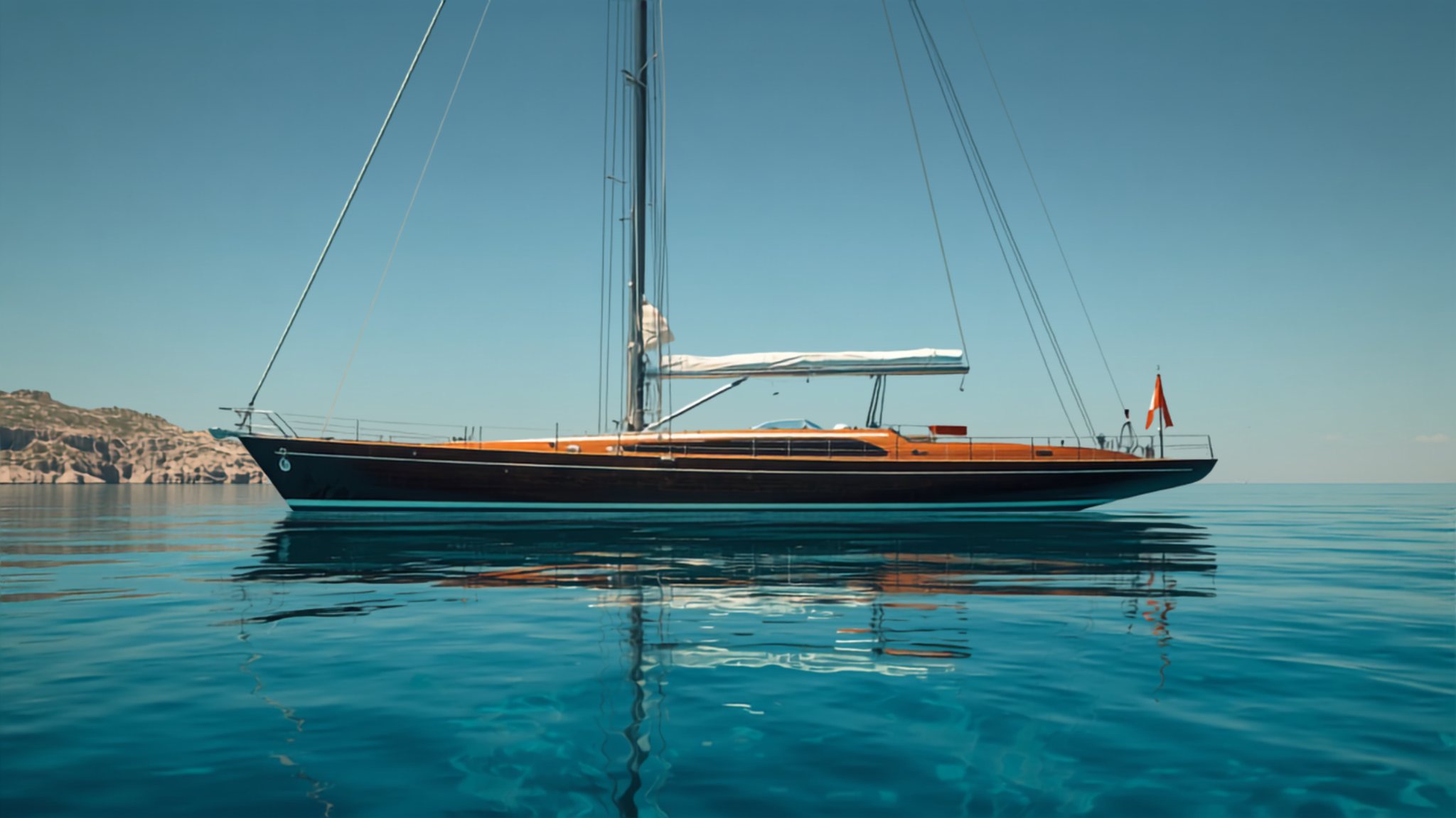 A classic sloop with a varnished hull lying at anchor on flat, clear water off a rocky Mediterranean coast.